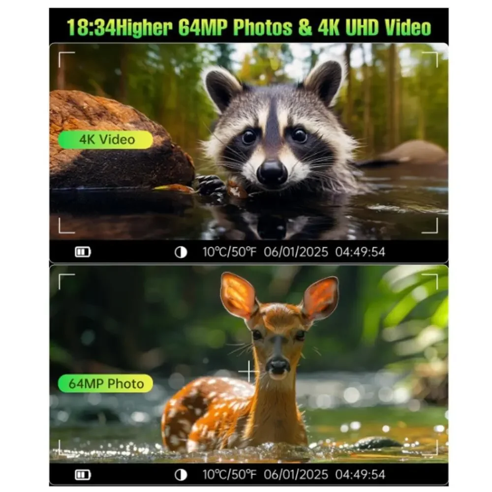 Trail Camera 4K 64MP 5000mAh 64GBCard Wtrprf, NightVision, MotionActiv, Solar